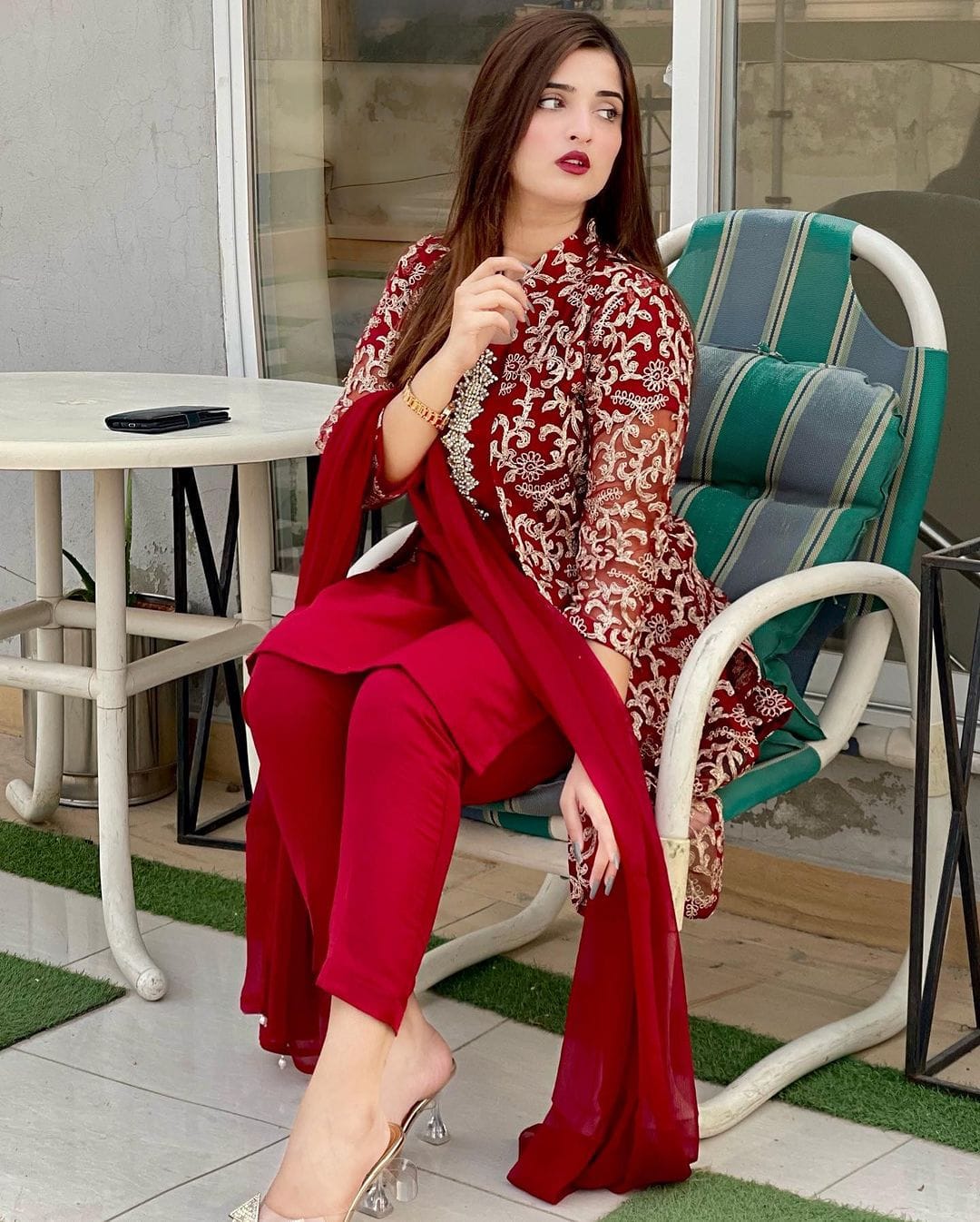 4 Pc Gown Chiffon Suit  Hand Work Embroidered